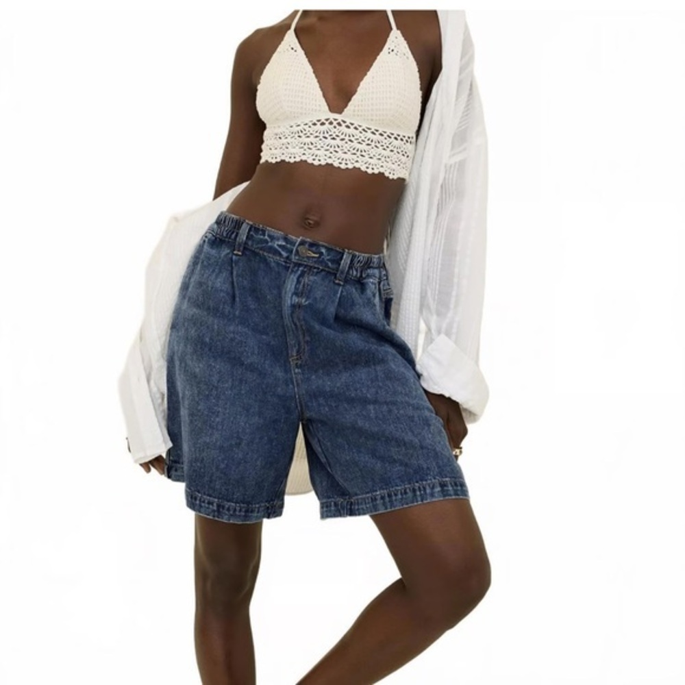 Aerie Denim Trouser Shorts Blue and Yellow Stitch